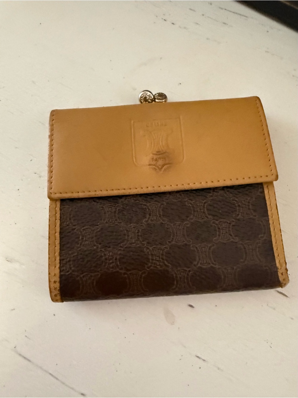 CELINE Paris tan and can vintage coin kiss lock wallet